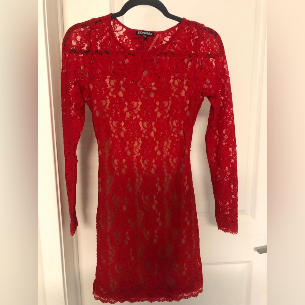 Red lace long sleeve mini dress with open back.
